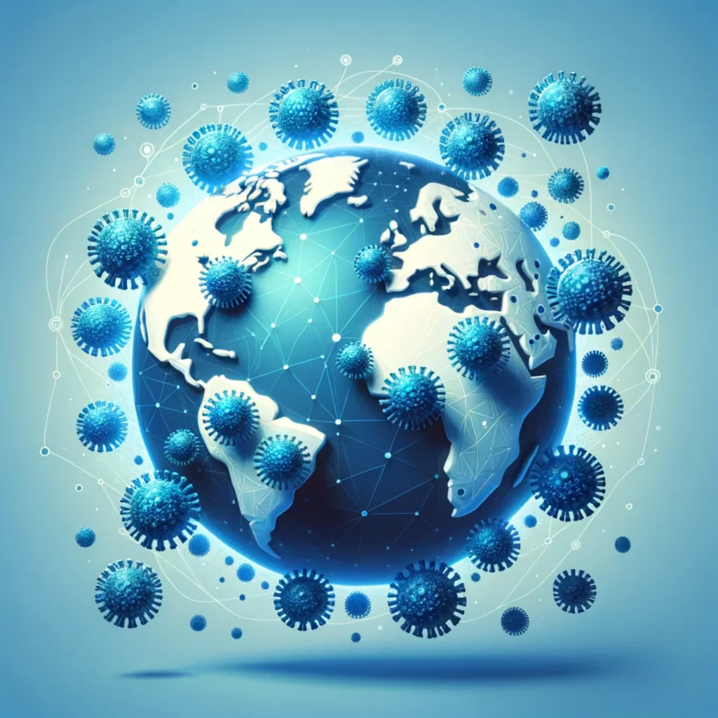 illustration représentant des virus flottant autour d'un globe terrestre, représentant une pandémie mondiale