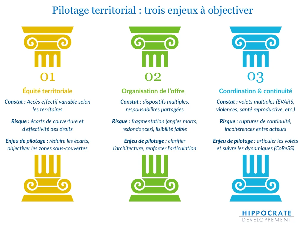 schéma présentant les enjeux à objectiver dans le pilotage territorial de la santé sexuelle