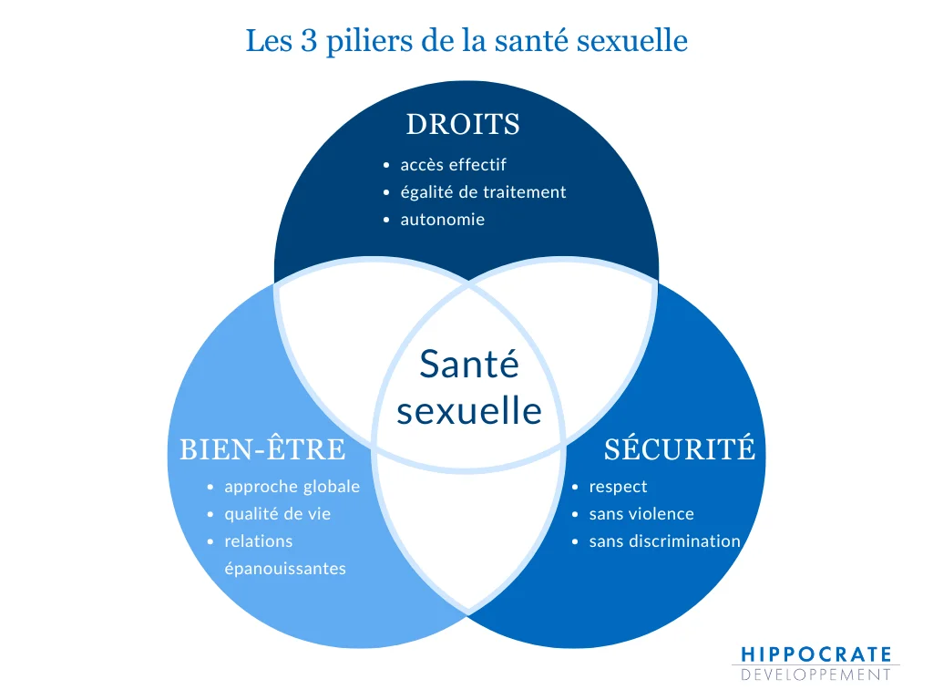 schéma présentant les piliers de la santé sexuelle : droits, bien-être et sécurité